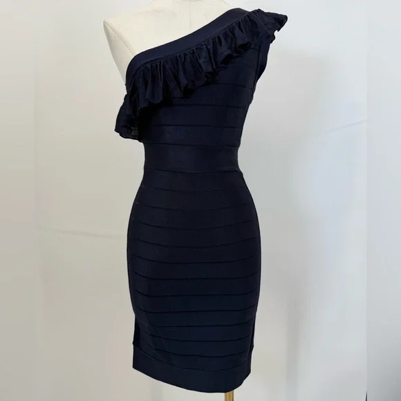 French Connection Navy Blue One-Shoulder Dress Size 2 - Picture 4 of 16